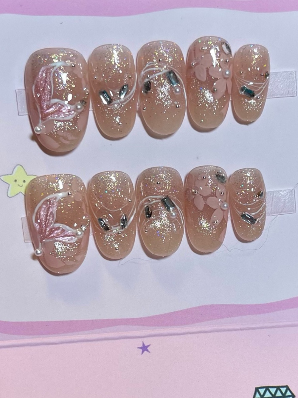 💖5 for $25😻 Sparkling Nude Pink Press-On Nails with Glitter & Floral Accents